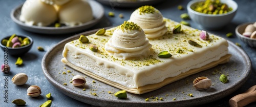 Traditional Turkish Katmer Dessert with Clotted Cream, Ice Cream, and Pistachio Garnish Served on a Round Plate photo