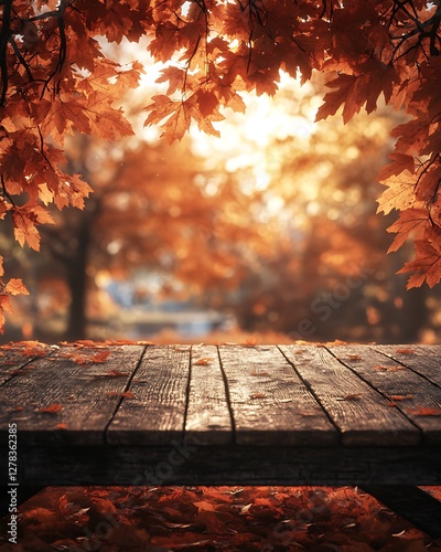 Autumnal wooden table, fall leaves, park