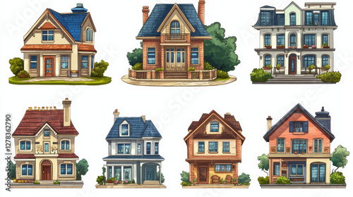 City houses, buildings for apartments, office or store isolated on white background. Vector cartoon set of facade of residential house, business and commercial architecture in modern and classic style