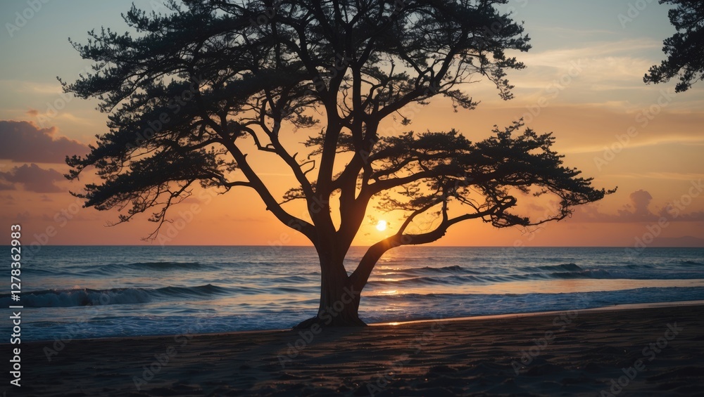 Silhouette of a majestic tree against a stunning sunset over the ocean beach creating a serene and tranquil atmosphere. Silhouette of a majestic tree against a stunning sunset over the ocean beach creating a serene and tranquil atmosphere.