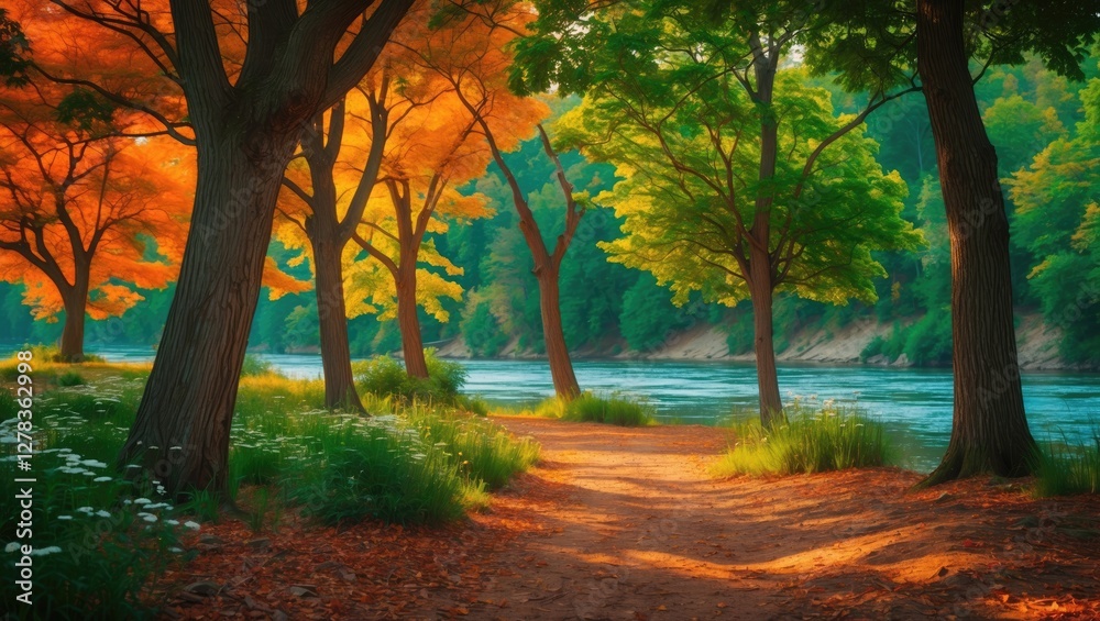 Autumn Trees Along Tranquil Riverbank with Vibrant Foliage and Scenic Nature Path Autumn Trees Along Tranquil Riverbank with Vibrant Foliage and Scenic Nature Path