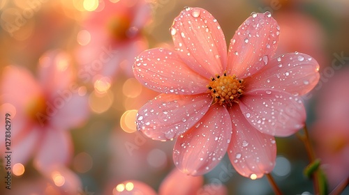 Pink flower with dew drops, golden bokeh background, outdoor