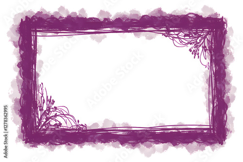 Purple watercolor frame floral elements soft brushstrokes, dreamy romantic border lavender hues delicate tendrils.