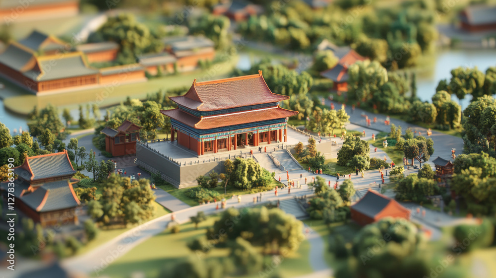 Fototapeta premium AmeticulouslydetailedminiaturereplicaofaChinesetemplecomplex,nestledwithinalush,landscapedenvironment.