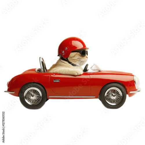 Cat wearing sunglasses and a helmet driving a toy red convertible car on a sunny day