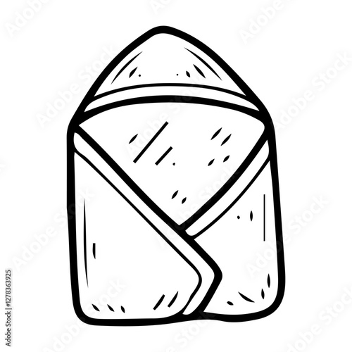 Baby towel with hood. Hand drawn doodle. Drying newborn after bath. Neatly folded cloth. Little child's thing. Childhood. Vector line art illustration.