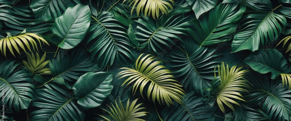 Obraz premium Vibrant Tropical Leaves Texture Background in Rich Green Palette for Nature Inspired Designs and Projects