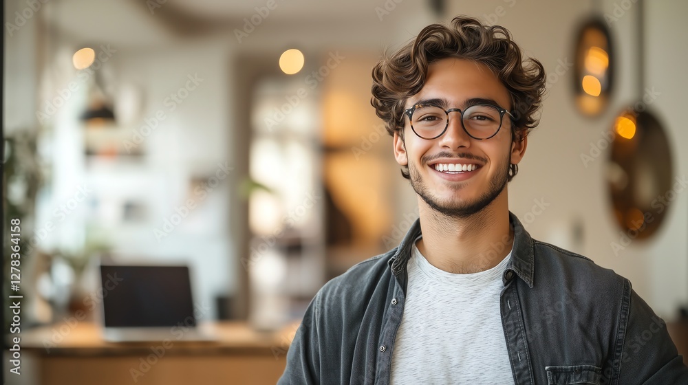 Fototapeta premium Young entrepreneur in a stylish outfit raising his fists in excitement in a modern office. His open laptop shows a successful project, with a bright background.