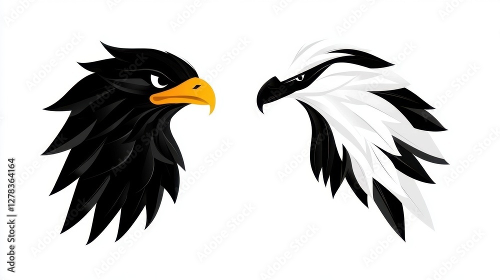 Obraz premium Hawk head silhouette, black and white tribal style animal illustration, vector graphic hawk.