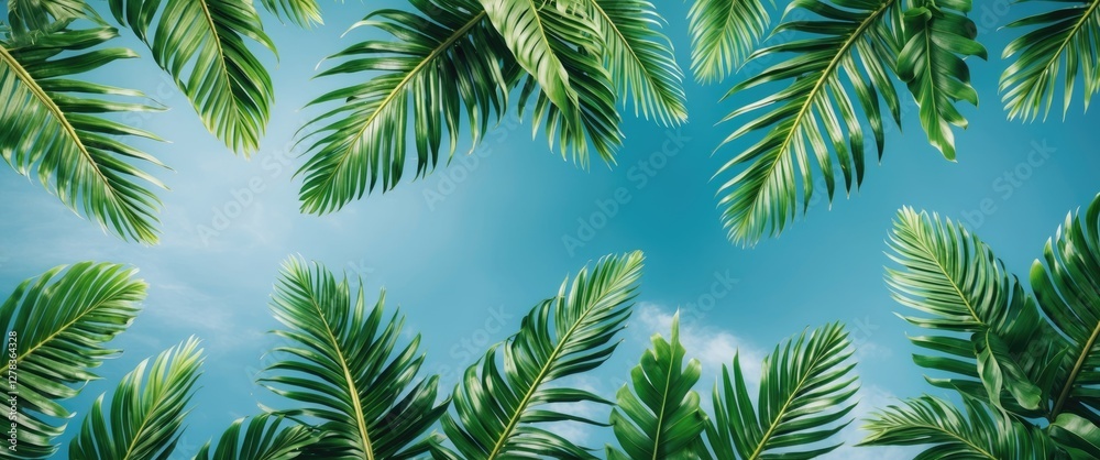 Tropical Palm Leaves Framed by a Brilliant Blue Sky Ideal for Summer Designs and Nature Themes High Resolution Top View Image Tropical Palm Leaves Framed by a Brilliant Blue Sky Ideal for Summer Designs and Nature Themes High Resolution Top View Image