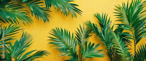 Tropical palm leaves arranged on a vibrant yellow background for summer designs bringing a fresh and lively atmosphere. High-quality top view image.