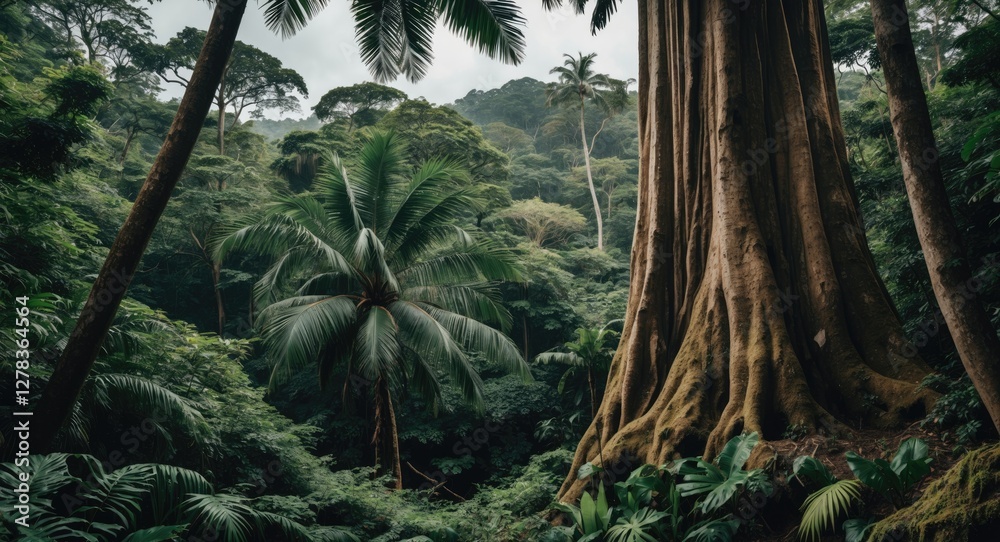 Naklejka premium Lush Tropical Rainforest Featuring Majestic Tree and Abundant Foliage with Ample Space for Text Overlay