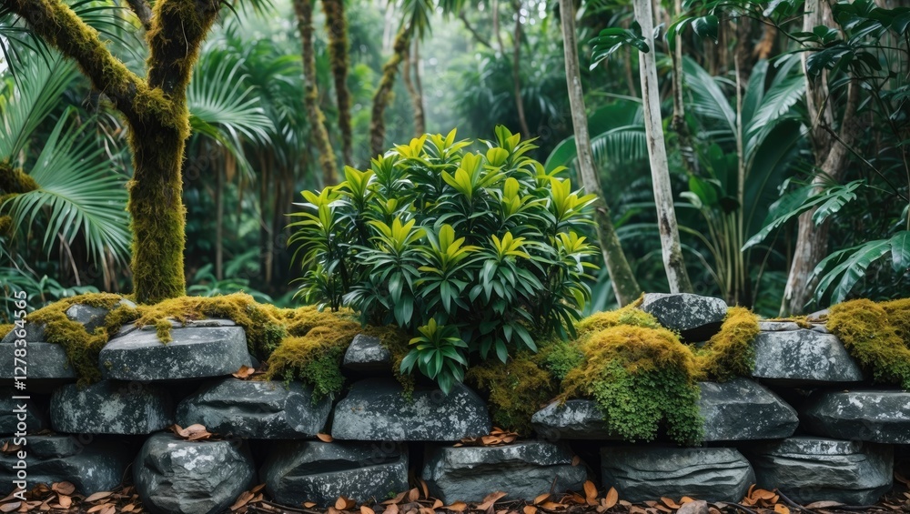 Fototapeta premium Lush tropical plant surrounded by moss and stones creating a serene jungle environment ideal for nature-themed designs and backgrounds.