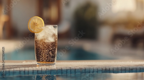 Sparkling water with lemon slice and ice cubes resting near poolside lounge chair, promising refreshing summer relaxation
