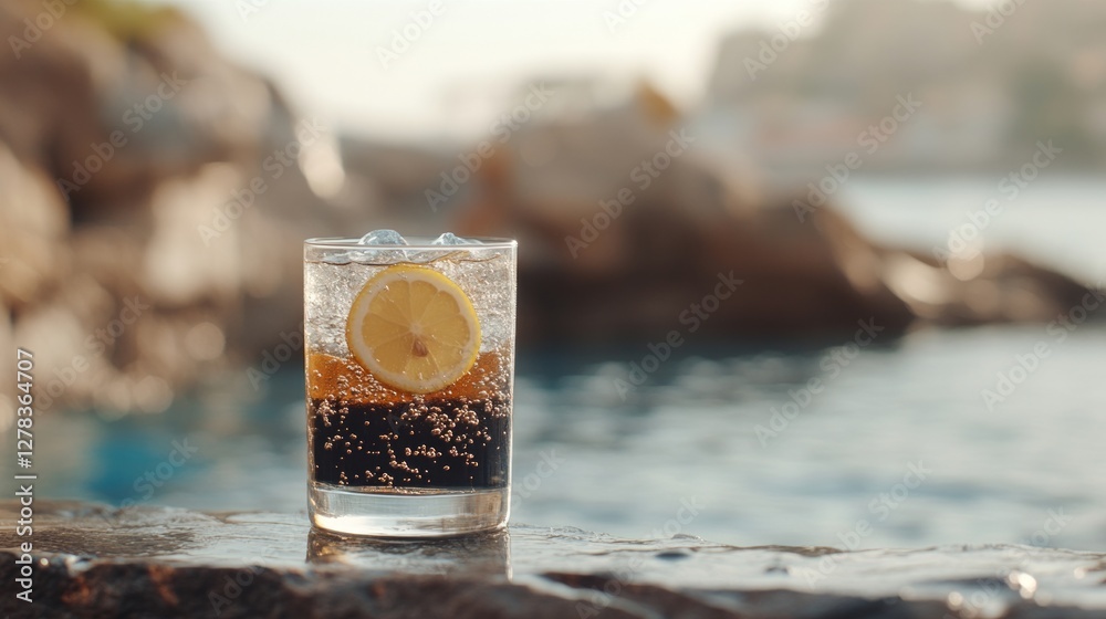 Sunset lit glass holding chilled dark beverage, garnished with lemon slice and ice cubes, resting near ocean waves, embodying summer relaxation and tropical refreshment