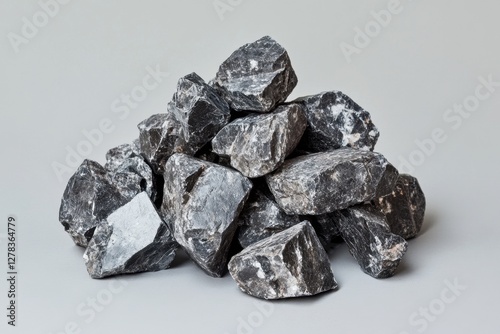 Pile of jagged dark gray rocks against a light background photo