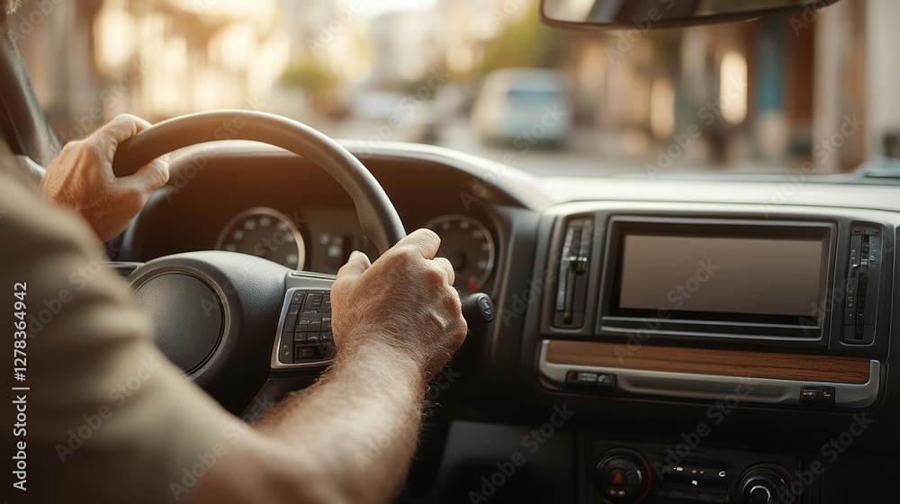Skilled driver holding steering wheel, guiding vehicle through urban sunset landscape, embodying confident transportation and smooth driving experience