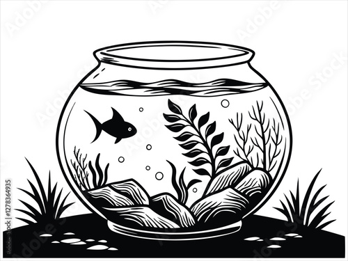Monochrome vector art of a fishbowl with a fish swimming among plants and rocks. The intricate details make it ideal for use in nature, pet care, or aquatic life-related stock images