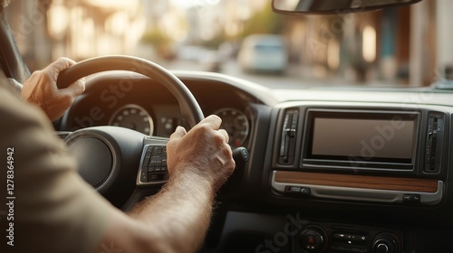 Obraz na płótnie Skilled driver holding steering wheel, guiding vehicle through urban sunset landscape, embodying confident transportation and smooth driving experience w salonie