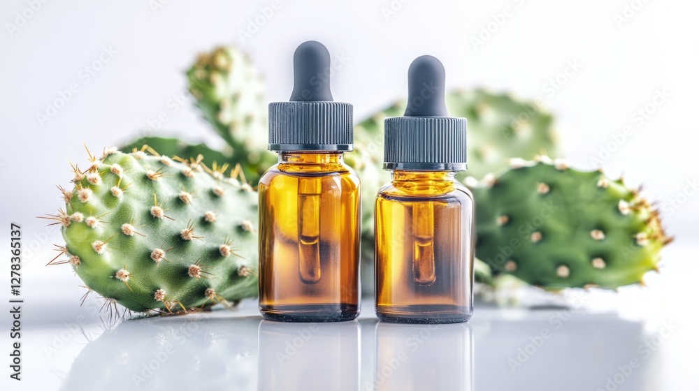 Amber glass dropper bottles containing prickly pear seed oil positioned on white reflective surface, accompanied by fresh green cactus pads nearby