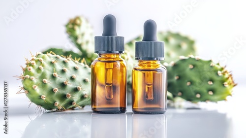 Obraz na płótnie Amber glass dropper bottles containing prickly pear seed oil positioned on white reflective surface, accompanied by fresh green cactus pads nearby w salonie
