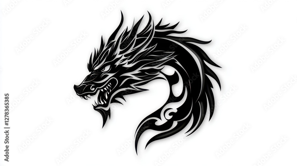 Obraz premium Dragon head silhouette, black and white tribal style animal illustration, vector graphic dragon.