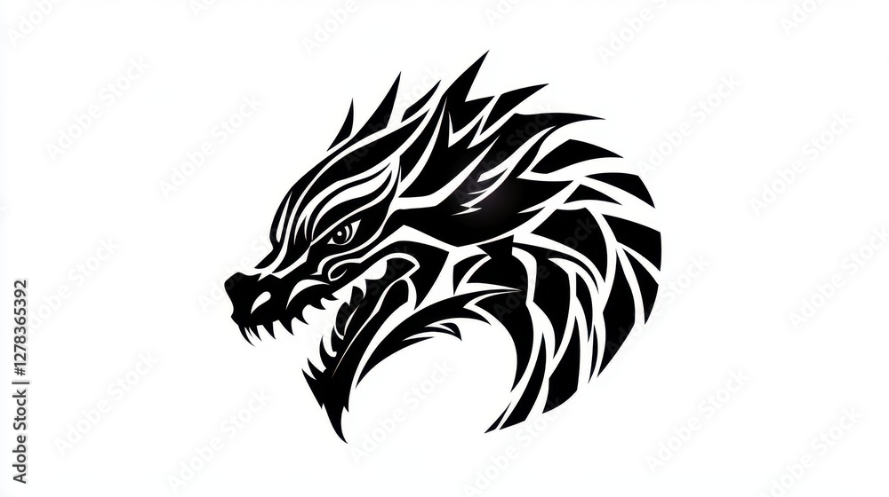 Obraz premium Dragon head silhouette, black and white tribal style animal illustration, vector graphic dragon.