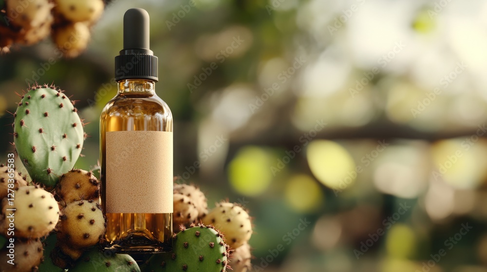 Amber glass dropper bottle with unmarked label sitting atop green prickly pear cactus, suggesting organic skincare or botanical essential oil presentation