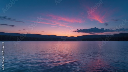 Serene Twilight Reflections Over a Tranquil Lake With Colorful Sky and Ample Space for Text Inclusion