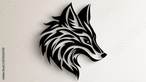 Fox head silhouette, black and white tribal style animal illustration, vector graphic fox.