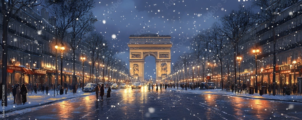 Obraz premium A quiet winter evening on the Champs-Élysées, with snow gently falling and the streetlights casting a warm glow on the pavement, while the Arc de Triomphe looms in the background