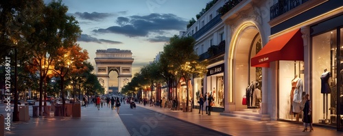 A luxury shopping scene on the Champs-Élysées, with elegant storefronts showcasing designer brands and shoppers strolling along the iconic avenue photo