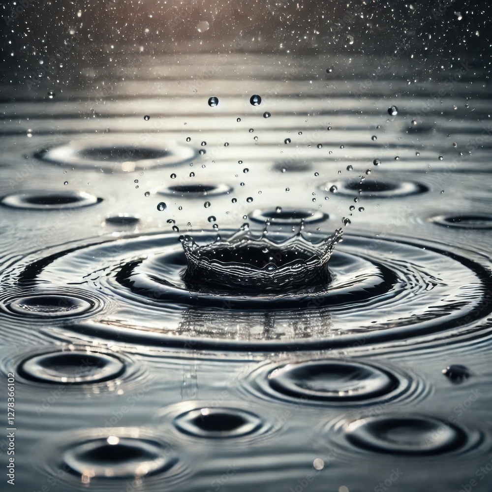 raindrops falling into a still pond, creating intricate overlapping ripples. raindrops falling into a still pond, creating intricate overlapping ripples.