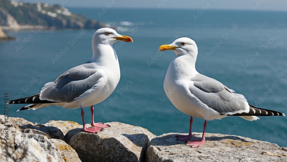 Two Seagulls Sitting on Coastal Rocks Overlooking the Ocean with Clear Blue Sky and Space for Text Overlay Two Seagulls Sitting on Coastal Rocks Overlooking the Ocean with Clear Blue Sky and Space for Text Overlay