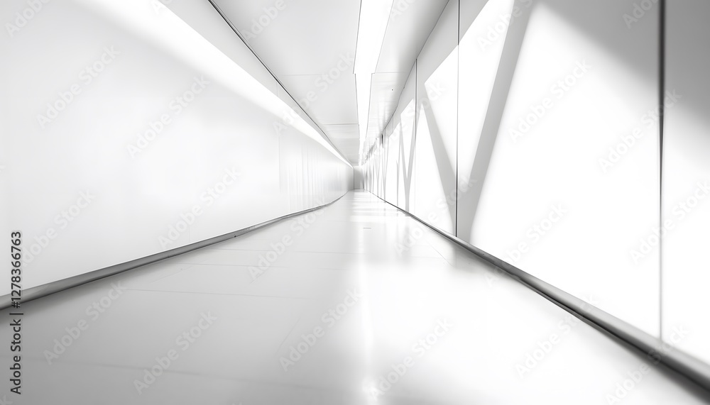 Obraz premium Modern futuristic white hallway stretches into the distance with shadows