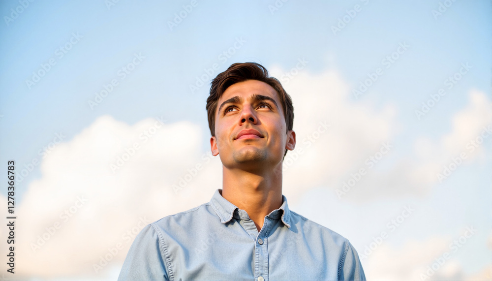 Young man looking thoughtfully at the sky against a blue background for blogs, websites, motivation articles, self-improvement resources, and inspiring content creation Young man looking thoughtfully at the sky against a blue background for blogs, websites, motivation articles, self-improvement resources, and inspiring content creation