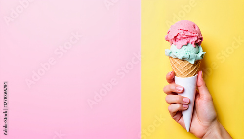 Hand holding a colorful ice cream cone against a vibrant background for blogs, websites, dessert-themed designs, social media, food illustrations, and summer event promotions