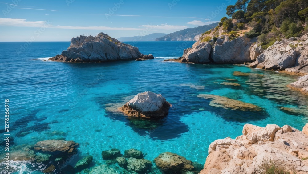 Serene Coastal Landscape with Crystal Clear Blue Waters and Rocky Outcrops Under Bright Sunny Sky Serene Coastal Landscape with Crystal Clear Blue Waters and Rocky Outcrops Under Bright Sunny Sky