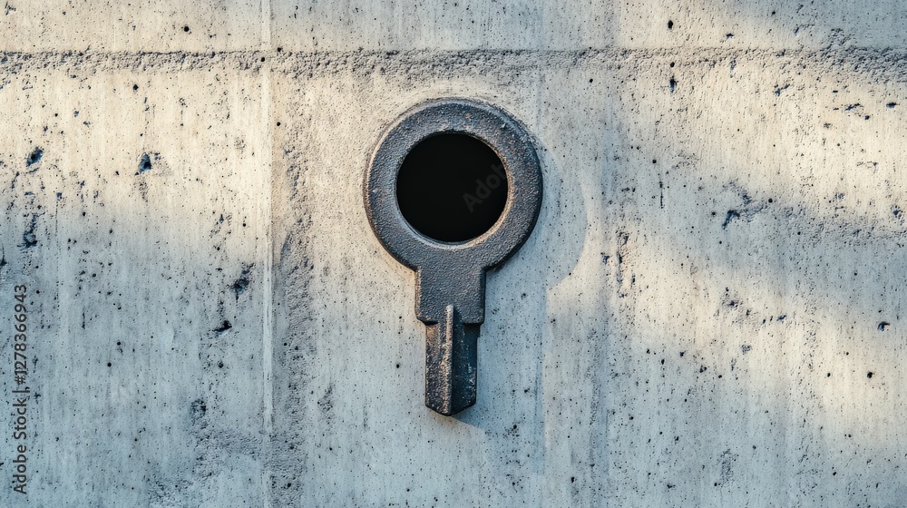 Keyhole in a textured concrete wall, casting shadows with soft light in the background Keyhole in a textured concrete wall, casting shadows with soft light in the background