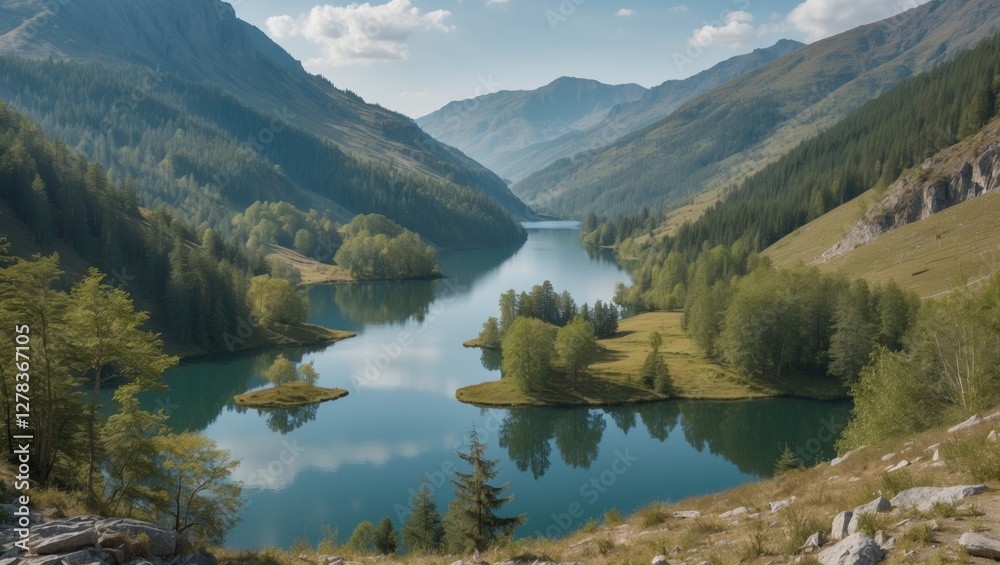 Fototapeta premium Serene Lakes Surrounded by Lush Forests and Majestic Mountains with Clear Reflections and Space for Text in Scenic Nature Landscape