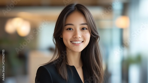 Friendly young Asian saleswoman welcoming a client in a sleek modern office, radiating professionalism and warmth with a clean, neutral-toned setting.