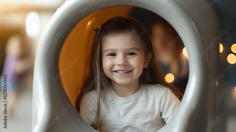 Playful preschooler hiding inside playground tunnel, radiating joy during hide and seek game. Blurred peers and colorful lights forming vibrant background scene