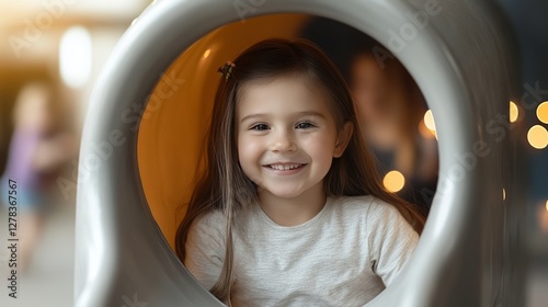 Obraz na płótnie Playful preschooler hiding inside playground tunnel, radiating joy during hide and seek game. Blurred peers and colorful lights forming vibrant background scene w salonie