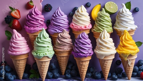 Colorful Variety of Ice Cream Cones in Flavors Strawberry Blueberry Pistachio Mango with Fresh Fruits Ideal for Summer Treats and Desserts photo