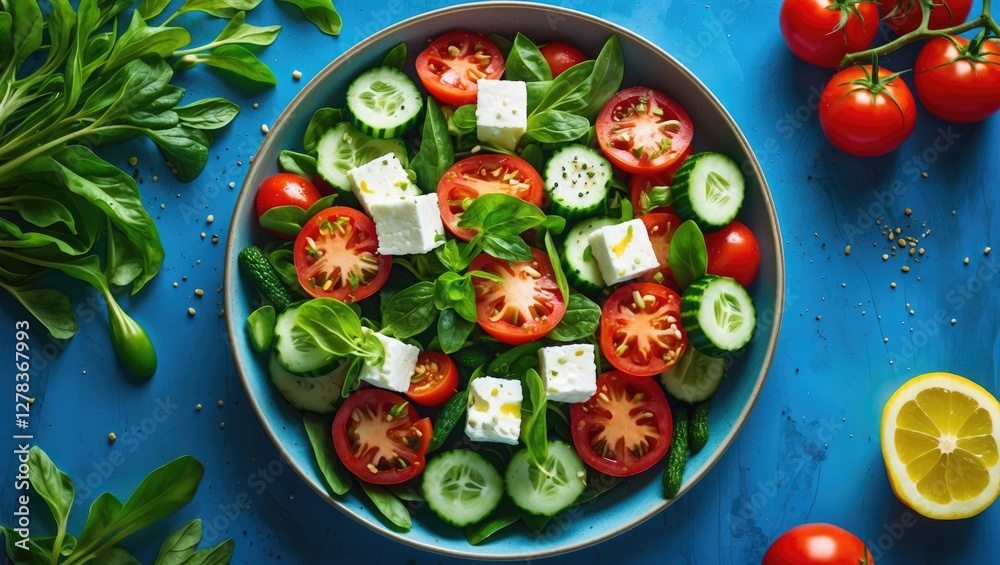 Fresh Vegetable Salad with Tomatoes, Cucumbers, Feta Cheese and Olive Oil on Blue Background for Healthy Eating Concepts. Fresh Vegetable Salad with Tomatoes, Cucumbers, Feta Cheese and Olive Oil on Blue Background for Healthy Eating Concepts.