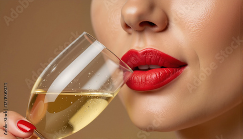 Close-up of woman sipping wine with red lips for beauty blogs, lifestyle websites, promotional materials, social media, greeting cards, and elegant event invitations