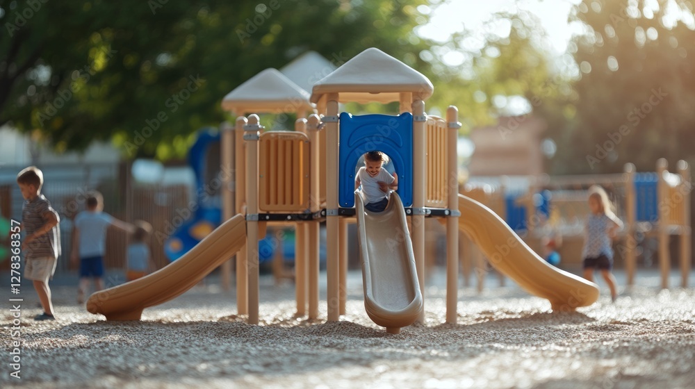 Cheerful kids hiding and seeking amid colorful playground equipment, sharing joyful summer moments under bright sunlight and engaging in playful outdoor friendship