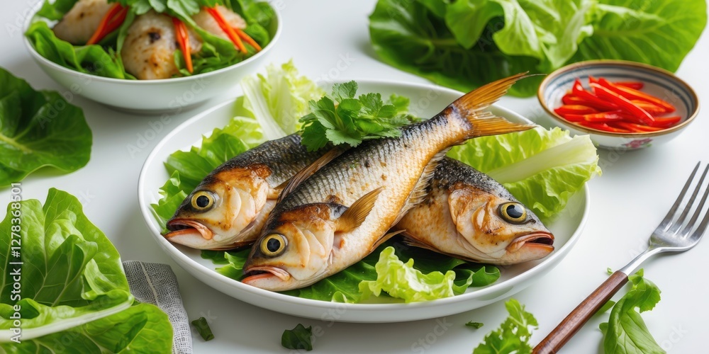 Vietnamese Grilled Fish Platter on Lettuce with Chili Slices and Fresh Herbs on White Dish and Vibrant Green Background. Vietnamese Grilled Fish Platter on Lettuce with Chili Slices and Fresh Herbs on White Dish and Vibrant Green Background.