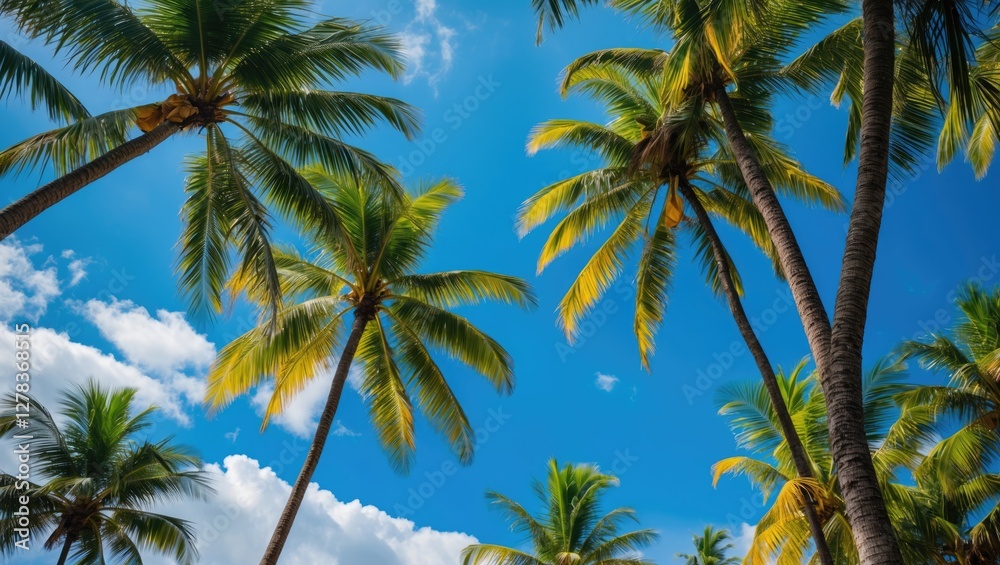 Tropical Paradise Scene With Lush Palm Trees Against Clear Blue Sky Perfect For Relaxation And Vacation Themes Tropical Paradise Scene With Lush Palm Trees Against Clear Blue Sky Perfect For Relaxation And Vacation Themes