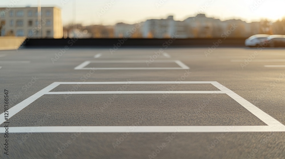Sunset illuminating empty parking lot, white line markings casting long shadows against blurred urban skyline, conveying urban tranquility
